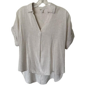 Linen Top Blouse Women's Size S Natural Neutral Beige Color V-Neck Button Back